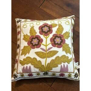 Hand Crafted Crewel Embriodery Pillow Feather Filled Zipper Yellow Pink Flowers
